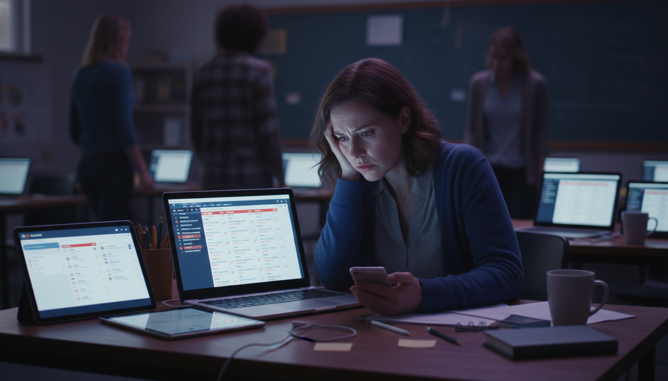 Teacher EdTech Abandonment: Workload, Stress & Burnout 1 A weary teacher sitting at a desk overflowing with digital devices (laptop, tablet, smartphone), looking overwhelmed and stressed, with a dark, muted color palette suggesting burnout. The devices glow with task lists, emails, and grading interfaces, subtly showing a paradox of modern educational technology. In the background, other teachers seem to be walking away from similar tech setups.