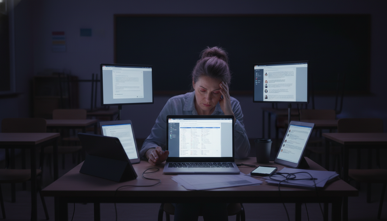 Teacher EdTech Abandonment: Workload, Stress & Burnout 2 A teacher at a desk in a dimly lit classroom late at night, surrounded by multiple glowing screens (laptop, tablet, phone) displaying various digital grading interfaces and communication apps. The teacher looks exhausted, rubbing their temples, representing the 'second shift' and 'techno-overload' from digital administrative tasks. The overall mood is one of quiet, overwhelming digital burden, with a focus on the glowing screens and the teacher's weary expression. Use a slightly muted color palette to emphasize the late hour and stress.