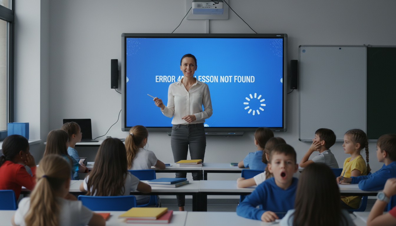 Teacher EdTech Abandonment: Workload, Stress & Burnout 3 A teacher in front of a classroom, attempting to smile and maintain composure while looking visibly stressed. Behind them, a large interactive whiteboard or projector screen displays a frozen error message or a loading icon, clearly disrupting the lesson. Students in the foreground are looking distracted or confused. The image should capture the teacher's internal struggle and 'surface acting' to hide frustration caused by failing technology, with a subtle contrast between their forced smile and strained eyes.