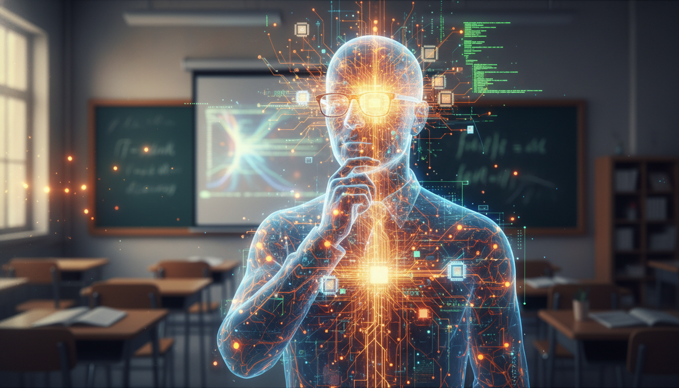 Teacher Technology Beliefs: Psychology of EdTech Integration 1 Abstract image representing a teacher's mind integrating digital technology. Visualize intertwined neural pathways with digital elements like code snippets or circuits, all within the silhouette of a teacher in a classroom setting. Emphasize cognitive processes and the human element interacting with tech. Soft, warm lighting, conceptual.