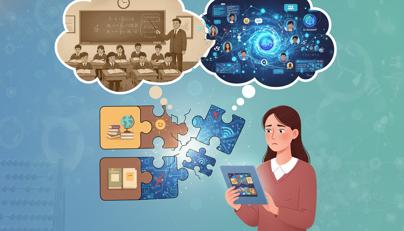 Teacher Technology Beliefs: Psychology of EdTech Integration 2 Conceptual illustration depicting a teacher's internal 'map' of good teaching clashing with an advanced digital tool. Show the teacher looking at a tablet or interactive screen, with thought bubbles above their head revealing traditional classroom elements (chalkboard, quiet students) contrasting with the dynamic, perhaps chaotic, digital interface. Use a visual metaphor for cognitive dissonance or misalignment, with elements of a puzzle not fitting together.