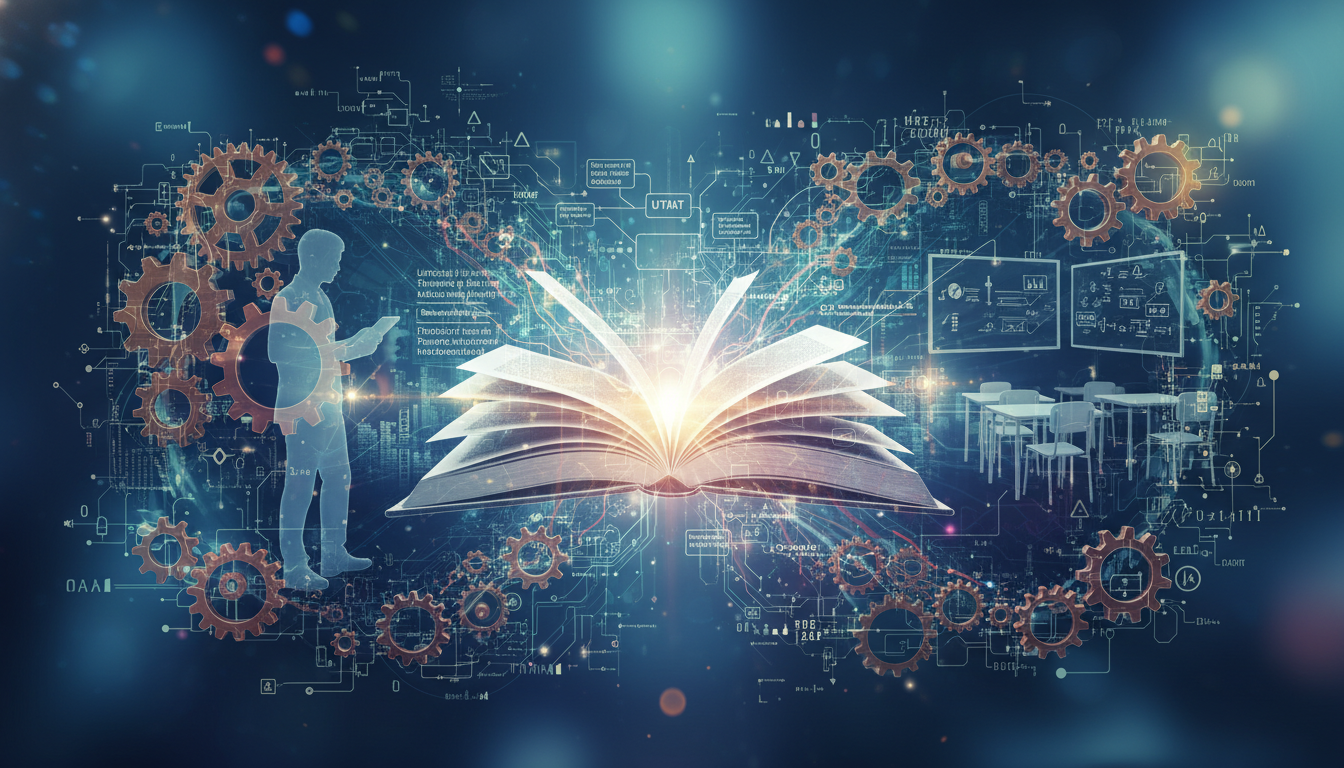 An abstract image showing interconnected gears and digital symbols (like circuit board patterns or binary code) integrated with educational elements such as an open book, a student silhouette, and a classroom setting. The overall feel should convey the complexity and integration of technology acceptance in modern education, with a focus on theoretical frameworks and adoption.