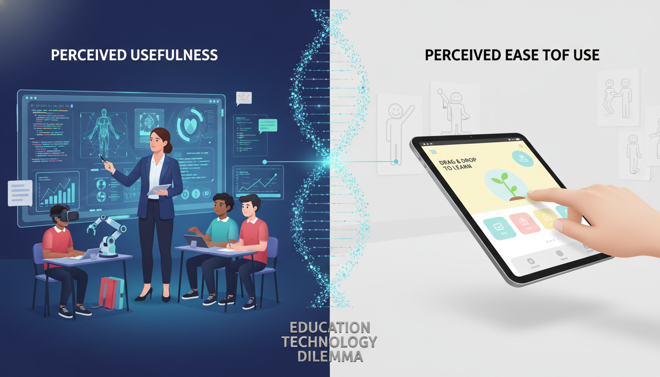 A split image or visual metaphor illustrating the tension between 'Perceived Usefulness' and 'Perceived Ease of Use' in education technology. One side shows a teacher effectively using a complex tool that clearly benefits students, depicted by engaged learners and positive outcomes (Usefulness). The other side shows a simple, intuitive user interface on a device, with a hand easily navigating it, perhaps representing quick adoption but uncertain pedagogical impact (Ease of Use). The overall style should be modern and clean, contrasting efficiency with simplicity.