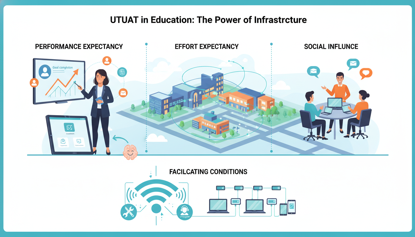 An infographic-style illustration depicting the four core constructs of UTAUT in an educational setting: Performance Expectancy (a teacher confidently achieving goals with tech), Effort Expectancy (a simple, clean user interface), Social Influence (teachers collaborating or discussing tech use), and Facilitating Conditions (robust school WiFi signals, IT support icon, accessible charging stations, and up-to-date devices). The elements should be integrated within a stylized school environment, emphasizing infrastructure's role in actual technology use.
