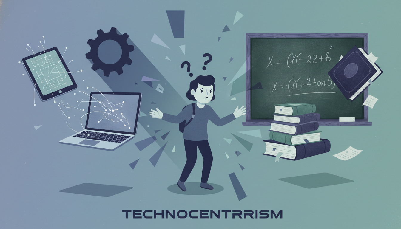 An abstract illustration symbolizing the disconnect in educational technology. Show a sophisticated digital device (like a tablet or laptop) floating apart from traditional classroom elements like a blackboard and textbooks, with a confused student in the middle. The overall tone should convey missed connections and a lack of integration, representing technocentrism.
