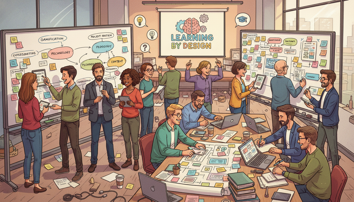 A vibrant illustration of a collaborative workshop setting for teachers. They are actively engaged in 'Learning by Design,' brainstorming and sketching ideas on whiteboards, using sticky notes, and discussing how to integrate technology, pedagogy, and content effectively. Show a sense of creativity, teamwork, and problem-solving, with diverse educators.