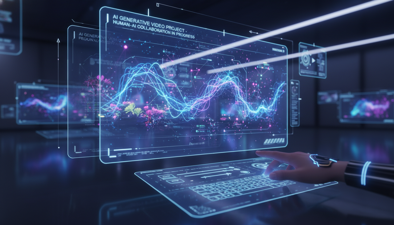 Futuristic digital interface displaying a video being generated by AI, with abstract lines and nodes connecting data. A human hand subtly interacts with a holographic screen, symbolizing human-AI collaboration in video creation. Vibrant blues and purples, professional, high-tech, cinematic.