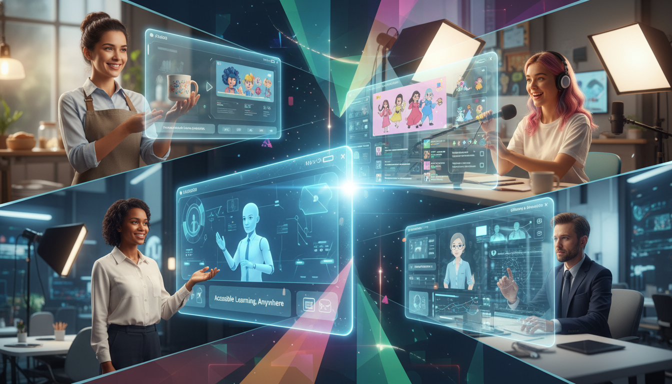 A vibrant, modern collage depicting the diverse impact of AI video generation across various industries. Elements include a small business owner creating a product demo, an educator giving a lecture with an AI avatar, a content creator editing a social media video, and a corporate professional giving a presentation. Show interconnected screens or holographic interfaces, symbolizing accessibility and broad application. Emphasize empowerment and efficiency, with bright, optimistic colors.