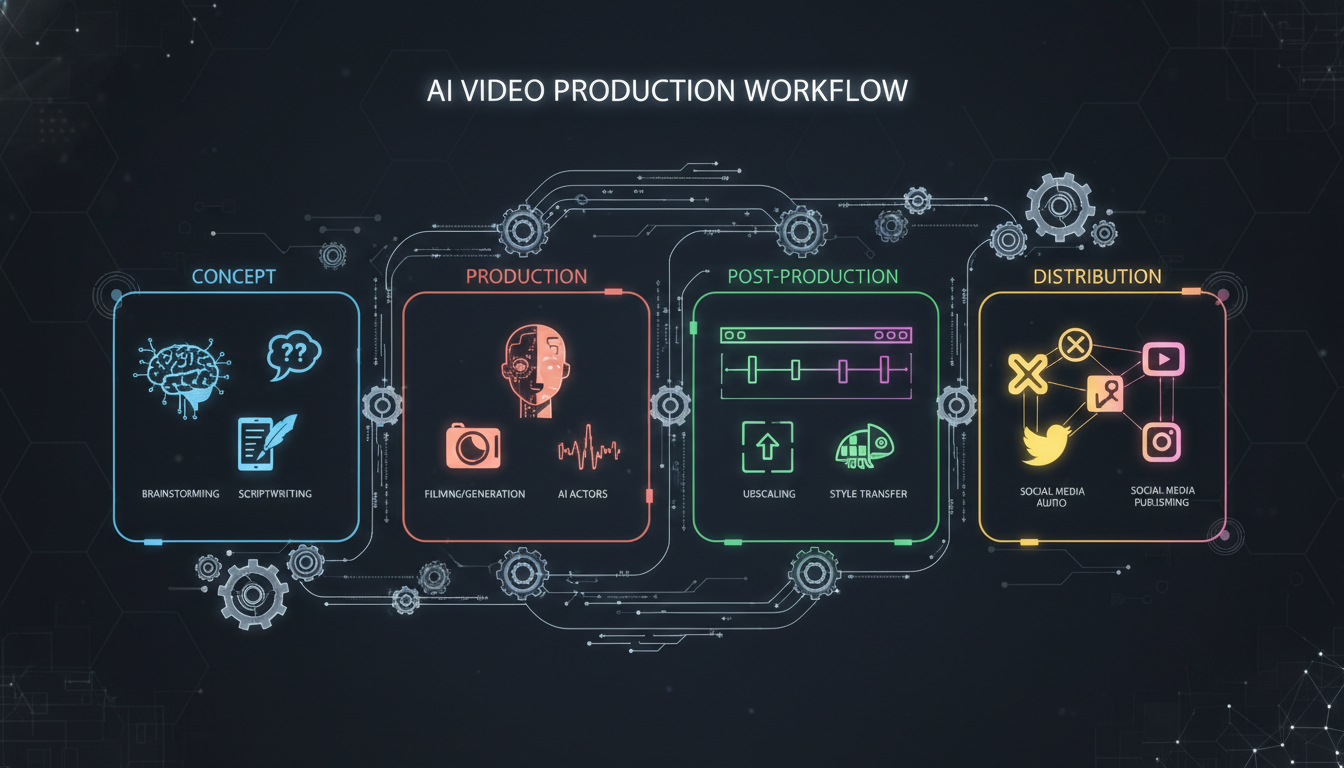 An abstract, high-tech visualization of an AI video production workflow. Show a clear, multi-stage process from 'Concept' (brainstorming, scriptwriting icons) to 'Production' (video camera, AI avatar, audio waveform icons) to 'Post-production' (editing timeline, upscaling, style transfer icons) and 'Distribution' (social media logos). Use interconnected lines, gears, or neural network patterns to symbolize automation and efficiency. Focus on a seamless, optimized flow, with a clean, professional digital aesthetic.