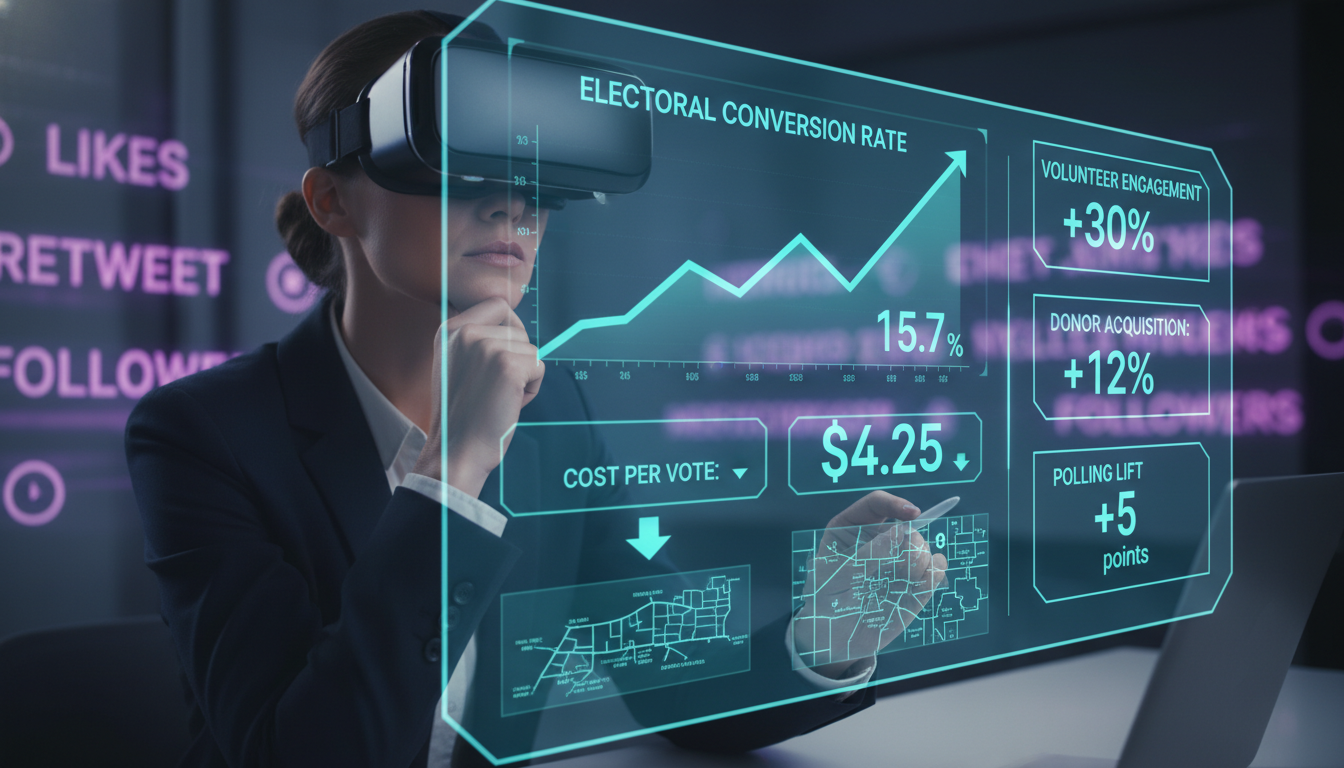 A futuristic digital dashboard displaying clear, actionable political campaign impact metrics like conversion rates and cost per vote, with an upward trending graph. In the foreground, a thoughtful campaign manager analyzes the data, making strategic decisions. The image subtly contrasts with blurred, superficial vanity metrics in the background, emphasizing focus on true electoral victory.