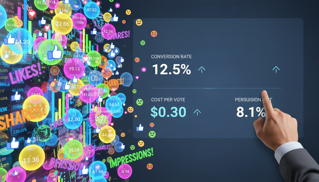 A split image, one side showing a vibrant, colorful, but chaotic digital dashboard overflowing with 'likes', 'shares', and 'impressions' labels, representing vanity metrics. The other side shows a minimalist, focused dashboard with clear, bold numbers for 'conversion rate', 'cost per vote', and 'persuasion lift', representing impact metrics, with a serious but determined hand pointing at the impact side. The overall style should be modern and analytical.