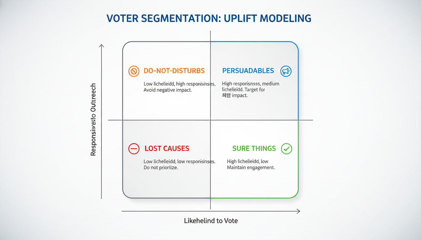 A clear, professional infographic style illustration depicting a four-quadrant chart for voter segmentation based on 'Uplift Modeling'. The quadrants should be labeled: 'Persuadables' (top right, with an upward arrow), 'Sure Things' (bottom right, flat line), 'Lost Causes' (bottom left, flat line), and 'Do-Not-Disturbs' (top left, with a downward arrow). Each quadrant should have a small, relevant icon (e.g., a megaphone for persuadables, a checkmark for sure things, a cross for lost causes, a 'no entry' sign for do-not-disturbs). The design should be clean, modern, and easy to understand.