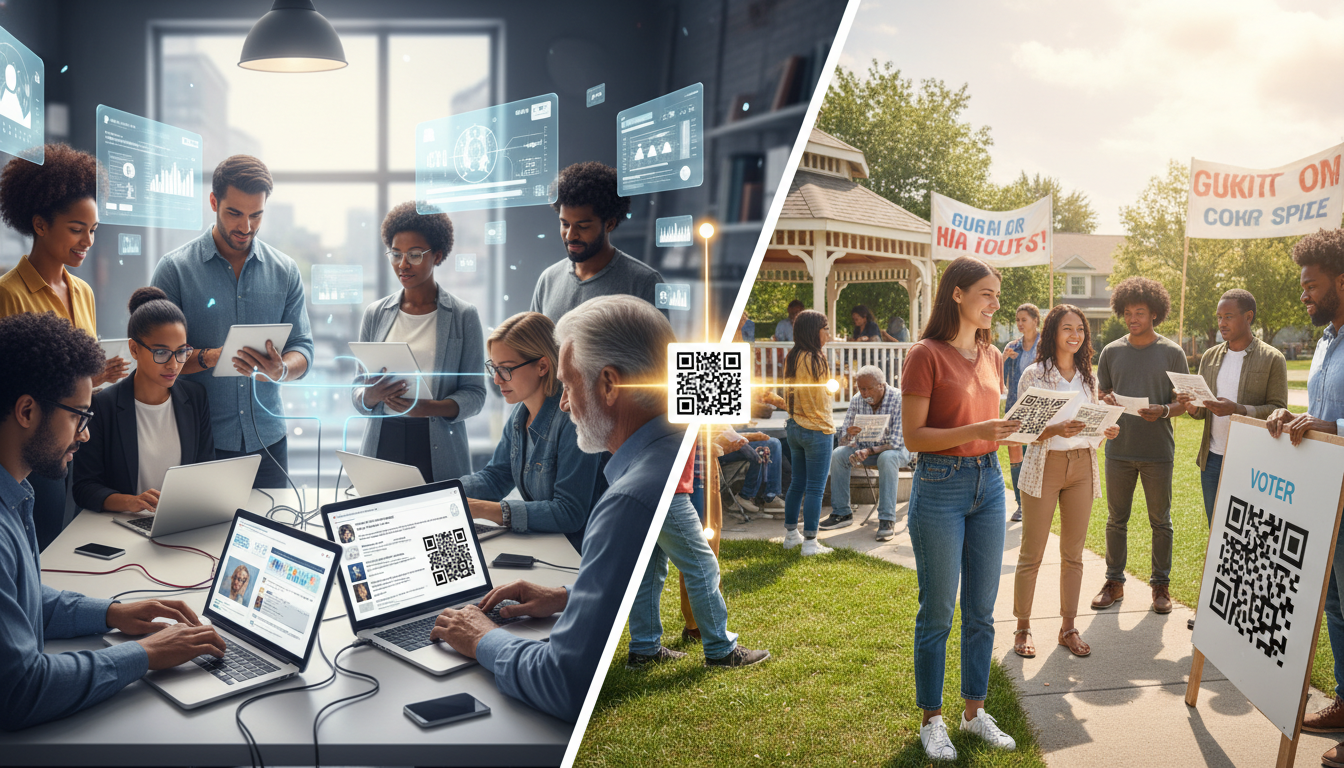 Digital & Grassroots Campaigns: Seamless Integration 1 A dynamic image illustrating the seamless integration of digital and grassroots political campaigning. One side shows people engaging with laptops, smartphones, and data visualizations, while the other side depicts traditional ground game activities like door-to-door canvassing and community meetings. QR codes visible on physical materials, bridging online and offline worlds. Modern, energetic, and visually compelling.