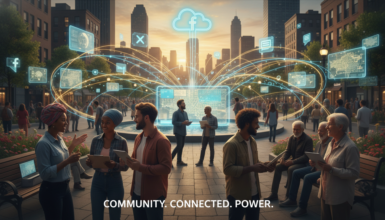 Digital & Grassroots Campaigns: Seamless Integration 2 A visual metaphor for 'networked ward politics,' showing a blend of traditional community organizing (people talking face-to-face in a neighborhood) seamlessly connected with digital networks (glowing lines or data flows linking people, devices, and online platforms). Depict a diverse group of people, some with smartphones, others with clipboards, all part of an interconnected web. Bright, optimistic, and interconnected.