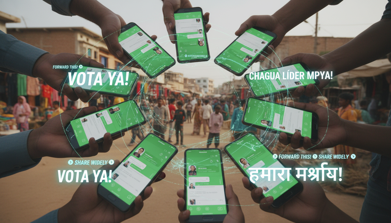 Digital & Grassroots Campaigns: Seamless Integration 3 An image illustrating 'dark social' political mobilization, focusing on encrypted messaging apps like WhatsApp in the Global South. Show hands holding smartphones displaying group chats with political content, possibly in a bustling, diverse urban or rural setting. Convey a sense of rapid, organized, and somewhat covert peer-to-peer communication, with digital overlay elements hinting at the flow of information. Emphasize the community aspect and high smartphone penetration.