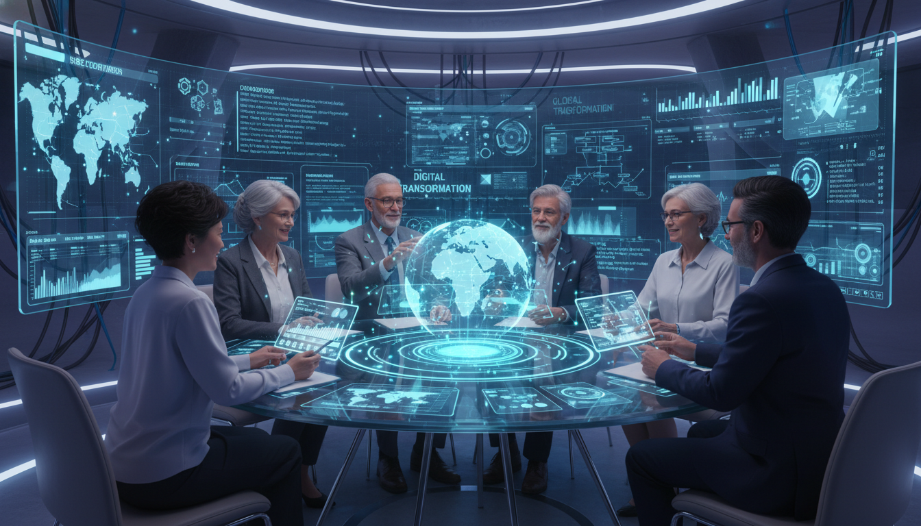 Digital Tools & Strategies for Development Professionals 2025 1 Diverse group of senior development professionals interacting with various digital tools, data dashboards, and a global map, representing digital transformation in international development. Modern, professional, collaborative, high-tech, 3D render.