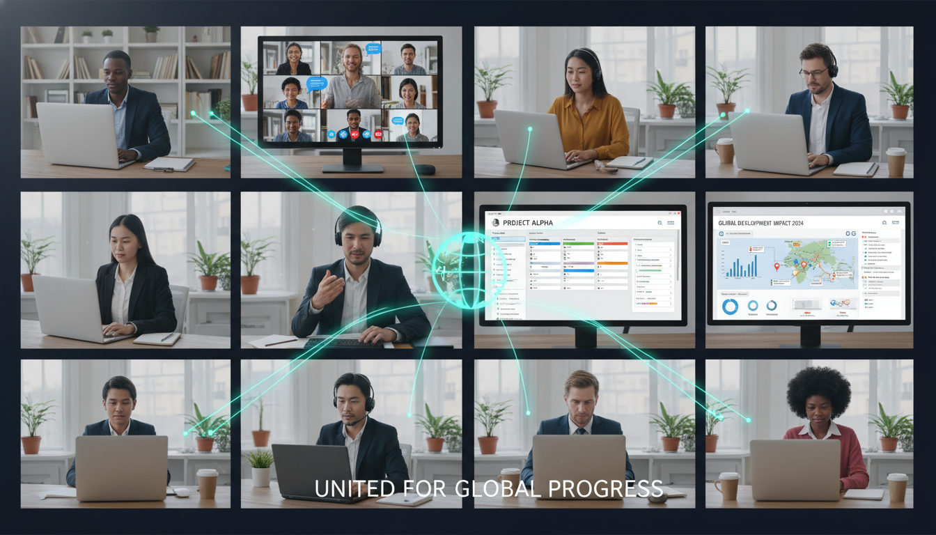Digital Tools & Strategies for Development Professionals 2025 2 A diverse group of international development professionals from various countries collaborating remotely. They are actively engaged with different digital tools displayed on their screens: a video conference call, a project management board (like Trello), a data analytics dashboard (like Tableau or Power BI), and a GIS map showing development project locations. The scene should convey seamless digital literacy and effective virtual collaboration in a modern, professional international development setting.