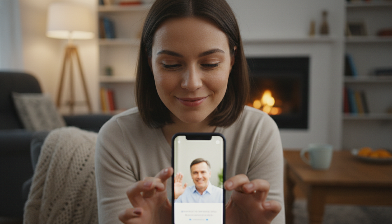 Humanizing Political Candidates: Authenticity in Campaigns 2 A person scrolling through social media on their smartphone, looking genuinely absorbed and smiling faintly, as if connecting with content on their screen. The screen should show a blurry image of a political figure in a warm, relatable pose. The background is a cozy, everyday setting like a living room or coffee shop, conveying a sense of intimate, personal engagement.