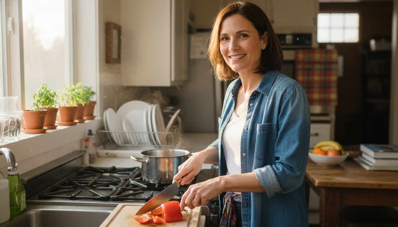 Humanizing Political Candidates: Authenticity in Campaigns 3 A warm, candid photo of a political candidate in a home kitchen, chopping vegetables or stirring a pot while looking directly at the camera with a friendly, relaxed expression, as if engaging in a casual conversation. The kitchen is tidy but lived-in, with natural light, emphasizing relatability and domesticity. Focus on the candidate's authentic engagement during a mundane task.