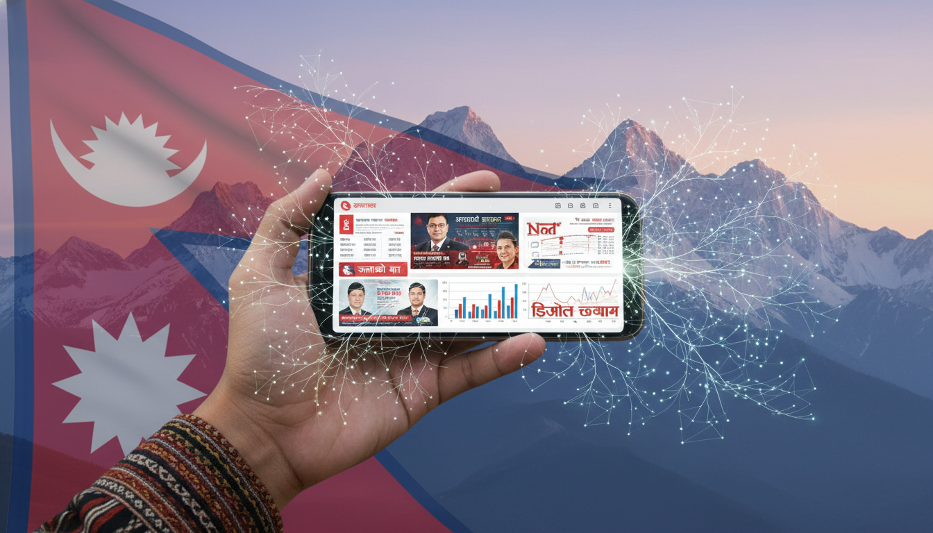 Digital Politics Nepal: Social Media Ads & Election Strategy 1 A conceptual image illustrating the intersection of digital technology and democracy in Nepal. A hand holds a smartphone displaying political ads or election data, overlaid with network lines, set against a subtle backdrop of the Himalayas and the Nepali flag, symbolizing the 'digital ballot'.