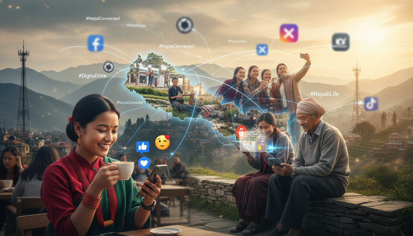 Digital Politics Nepal: Social Media Ads & Election Strategy 2 A vibrant and diverse group of Nepali people of various ages and backgrounds, in both urban and rural settings, all engaged with their smartphones. The scene should convey widespread digital connectivity, with subtle elements like network lines or app icons integrated into the environment, illustrating the ubiquity of social media in daily life and political discourse across Nepal.