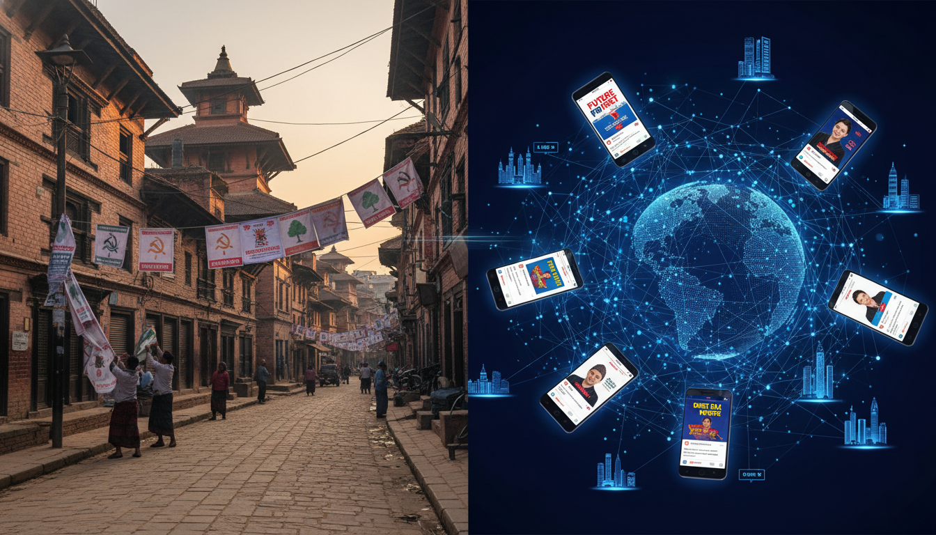 Digital Politics Nepal: Social Media Ads & Election Strategy 3 A visual metaphor for the 'Silence Period' paradox in Nepali digital politics. On one side, a quiet, traditional Nepalese street scene with campaign banners being taken down, symbolizing the end of physical campaigning. On the other side, an abstract representation of digital activity: glowing smartphone screens showing political ads and social media posts, with network lines stretching globally, illustrating that digital campaigning continues unnoticed, potentially from abroad, during the 'silence period'.