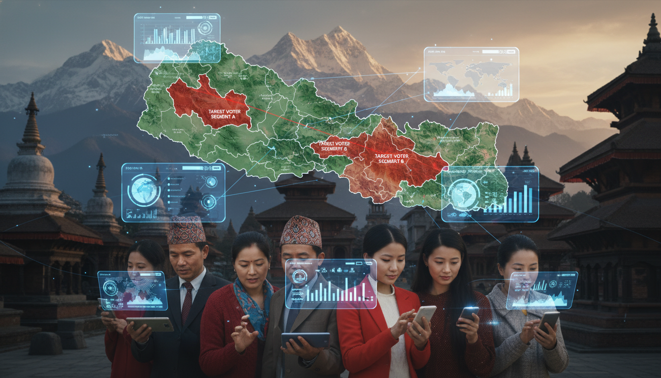A futuristic digital interface overlaying a map of Nepal, showing targeted voter segments. Diverse Nepali faces interact with mobile phones. In the background, hints of traditional Nepali architecture and the Himalayas, symbolizing the blend of modern tech and local context. Data flowing.
