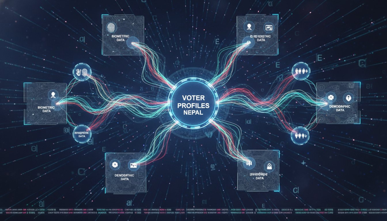 A digital visualization of a large database or network, with glowing nodes and lines representing data flow, specifically biometric and demographic data relevant to voter profiles in Nepal. Include subtle hints of Nepali script or symbols integrated into the digital interface. The image should convey both the vastness and the precise nature of the collected data.