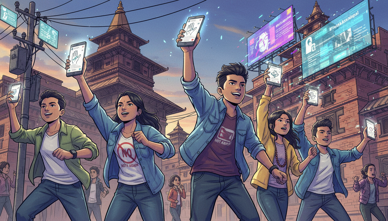 Dynamic illustration of Nepali Gen Z youth actively engaging in digital political protest. They are holding smartphones displaying social media feeds with protest hashtags and images (like a subtle 'No, Not Again' symbol). The background should suggest a blend of traditional Nepali urban elements and modern digital screens, highlighting their activism both online and potentially in street protests. Emphasize energy and technological fluency.