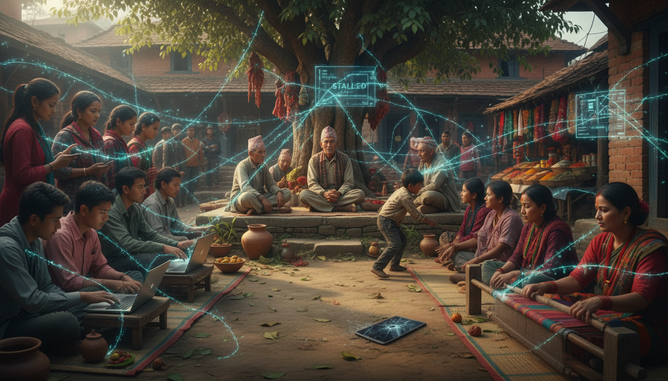 Digital Cooperatives Global South: Scaling Hurdles & Insights 1 A vibrant, dynamic image depicting the tension between modern digital technology (laptops, smartphones, network lines) and traditional, informal community structures in a Global South setting, specifically evoking Nepal. Show hands reaching for digital screens, juxtaposed with scenes of local craftsmanship, bustling informal markets, or a village council meeting. The overall mood should suggest effort, collaboration, but also the inherent difficulty and 'stalling' of progress, perhaps with intertwined digital and organic elements struggling to merge seamlessly. Focus on authentic local details.