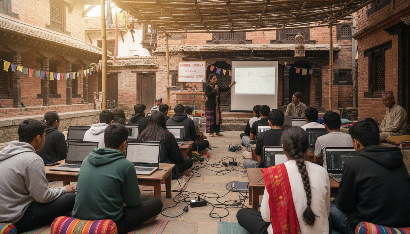 Digital Cooperatives Global South: Scaling Hurdles & Insights 2 A vivid image illustrating the 'skill-mediated' digital economy in Nepal. Show a bustling, informal training center or a group of young Nepali individuals actively learning digital skills on laptops or smartphones, perhaps with traditional elements or architecture in the background. Emphasize the blend of modern tech education with local community feel, subtly hinting at the bridge between informal learning and digital labor opportunities.