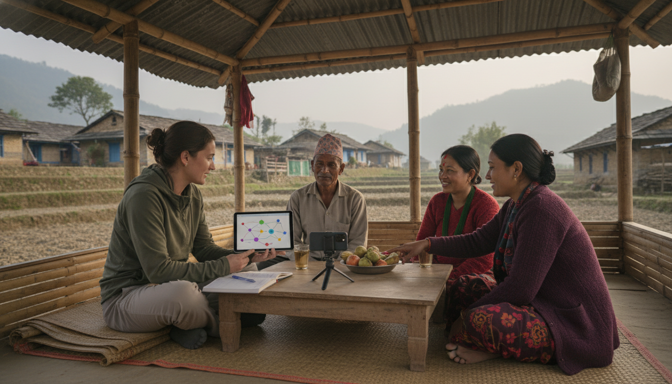 Digital Cooperatives Global South: Scaling Hurdles & Insights 3 A scene depicting qualitative research in a Global South setting, specifically Nepal. Show a researcher conducting an interview with local community members or digital workers, perhaps in an informal meeting space. Elements could include a laptop or tablet showing data, notepads, and subtle digital tools (like a smartphone recording audio) juxtaposed with genuine human interaction and collaboration, focusing on gaining insights from lived experiences.